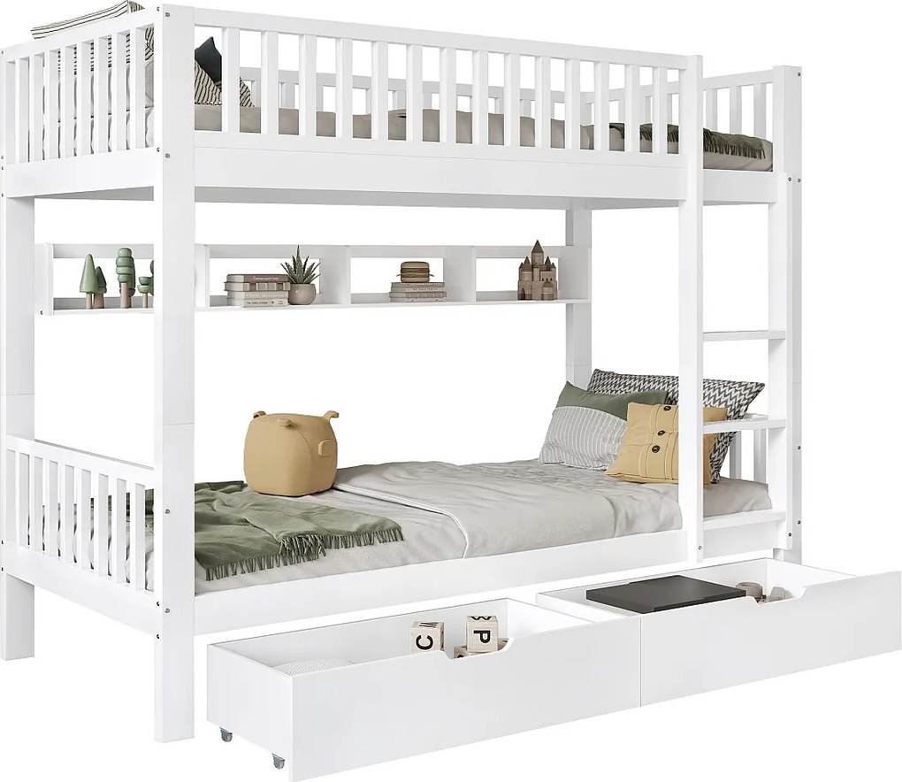 Drewniane łóżko piętrowe - 90x200 cm - z 2 szufladami i półkami - Białe