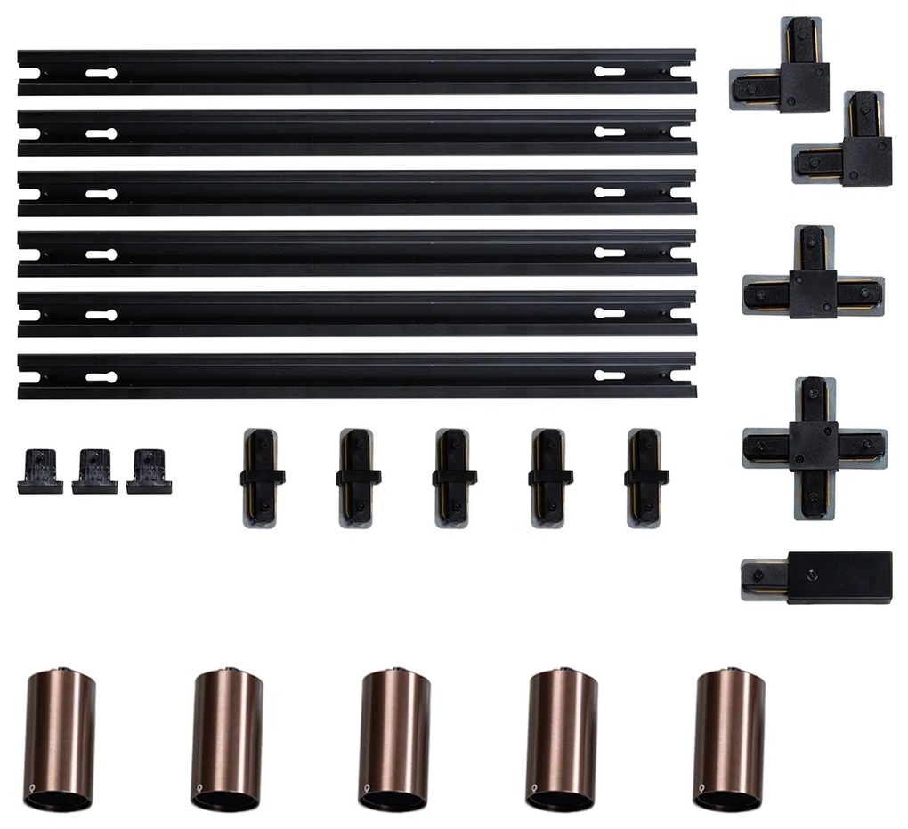 Nowoczesny system oświetlenia szynowego z 5 reflektorami w kolorze ciemnego brązu, 1-fazowy, GU10, 50 mm - Iconic Ruby