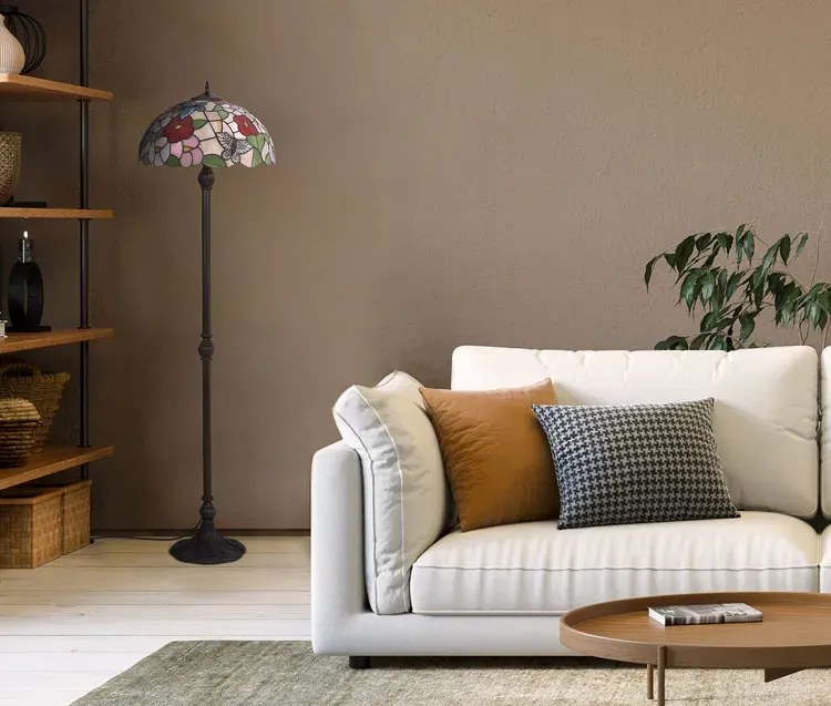 Kolorowa lampa stojąca z witrażowym kwiatowym kloszem - 27X A666 H6-W14