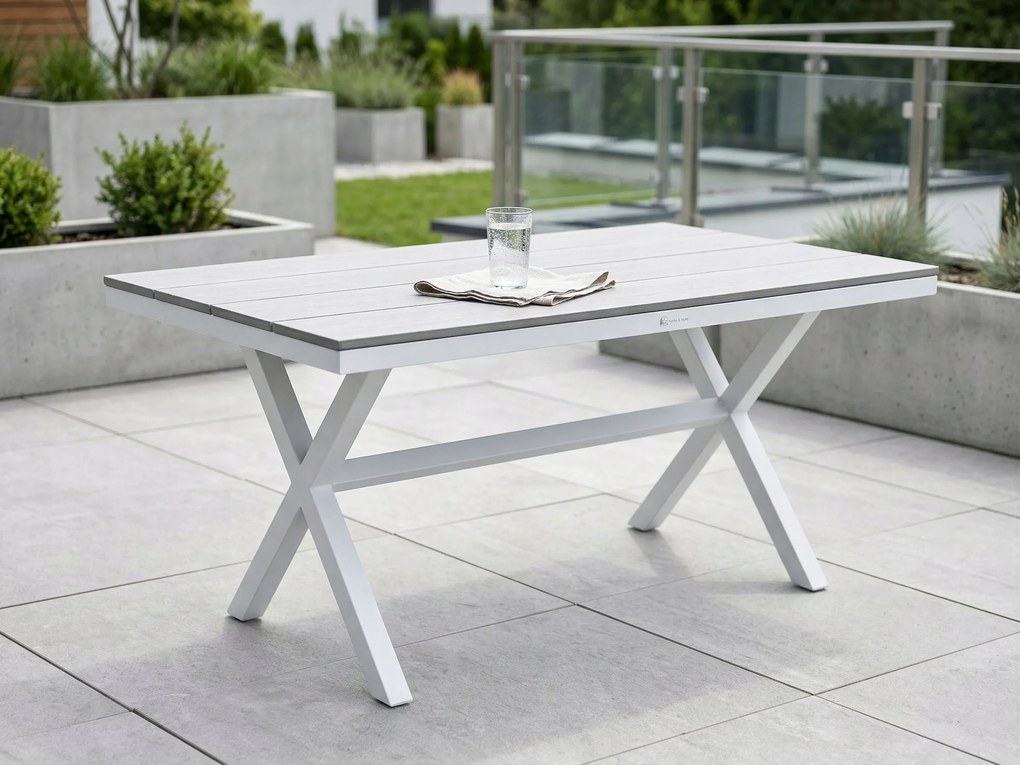 Stół ogrodowy aluminiowy biały 150x90x75 cm trwały blat kompozyt drewniany