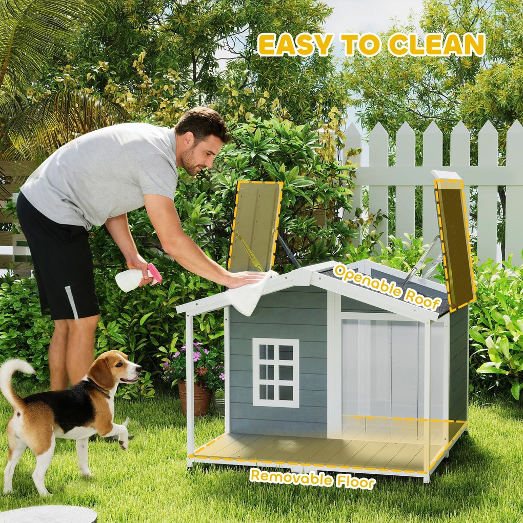 PawHut Buda dla psa wodoodporna z drewna, podwyższona podstawa, dach bitumiczny, taras, dla średnich psów 103x107x83,5 cm, szara | Aosom PL