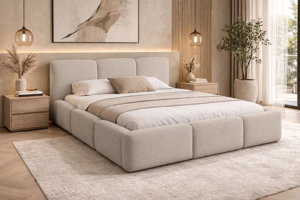 Łóżko tapicerowane Marios 160x200 z pojemnikiem - beżowa bukla Quelle 03