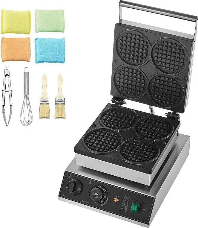 Gofrownica Komercyjna SucceBuy, 4 Okrągłe Sztuki, 1750 W, Nieprzywierająca, z Stali Nierdzewnej, Kontrola Temperatury i Czasu, do Restauracji