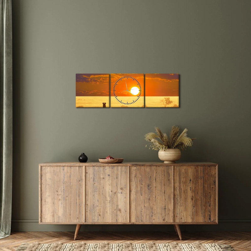 Obraz - Zebry z zachodem słońca (z zegarem) (90x30 cm)