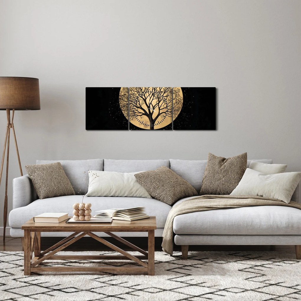 Obraz – Drzewo w złotej pełni księżyca I. (z zegarem) (90x30 cm)
