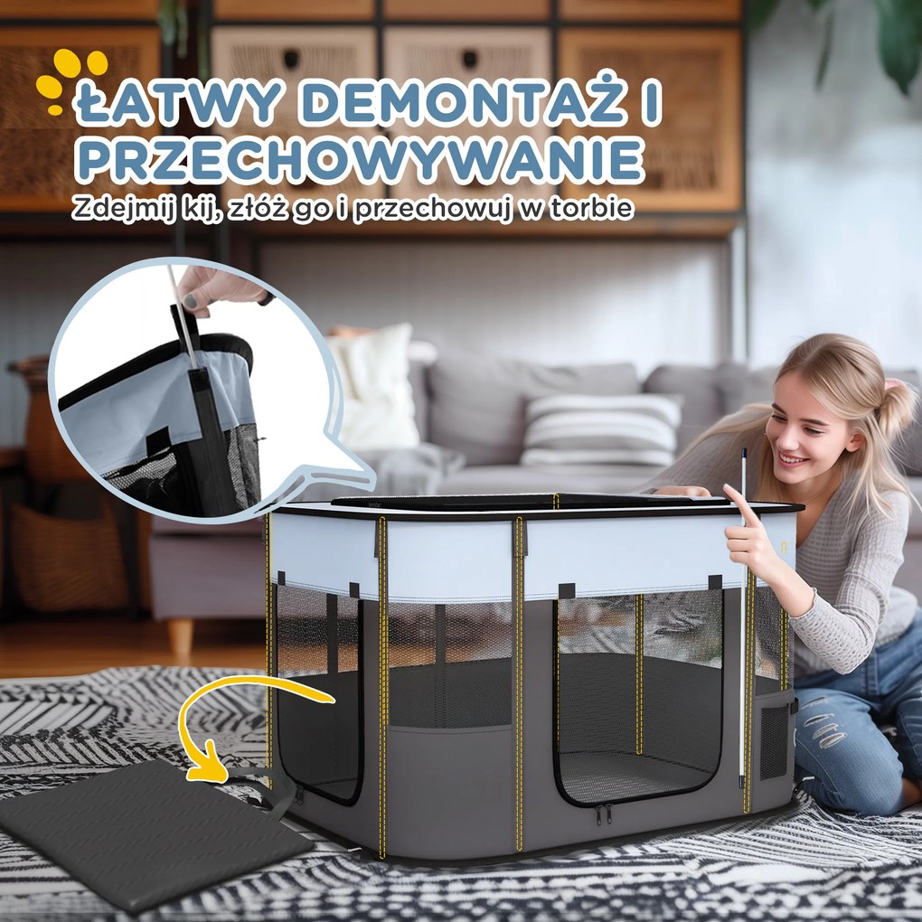 PawHut Składany wybieg dla zwierząt domowych, z torbą do przechowywania, dla szczeniąt i kociąt, do użytku wewnętrznego i zewnętrznego, Szary | Aosom PL