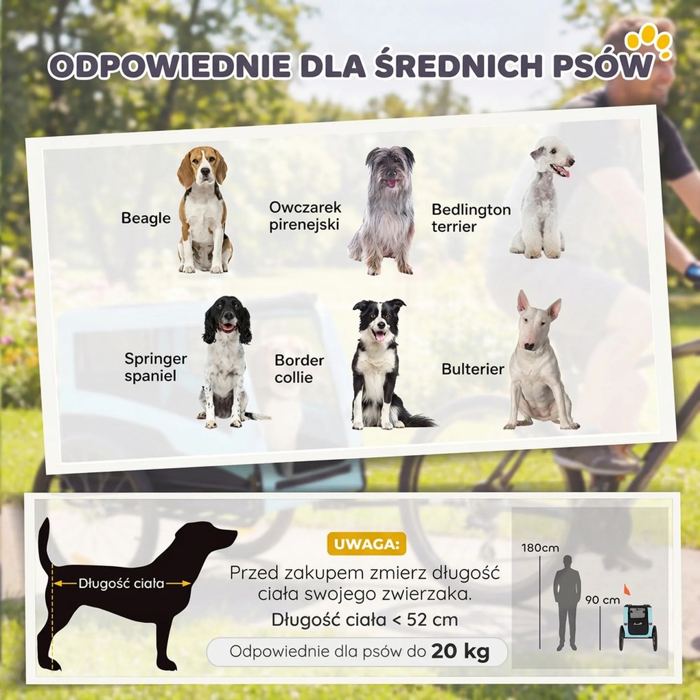 PawHut Składana przyczepka rowerowa z odblaskami, smyczą, dla średnich psów do 20 kg, 143 x 70 x 90 cm, jasnoniebieska | Aosom PL