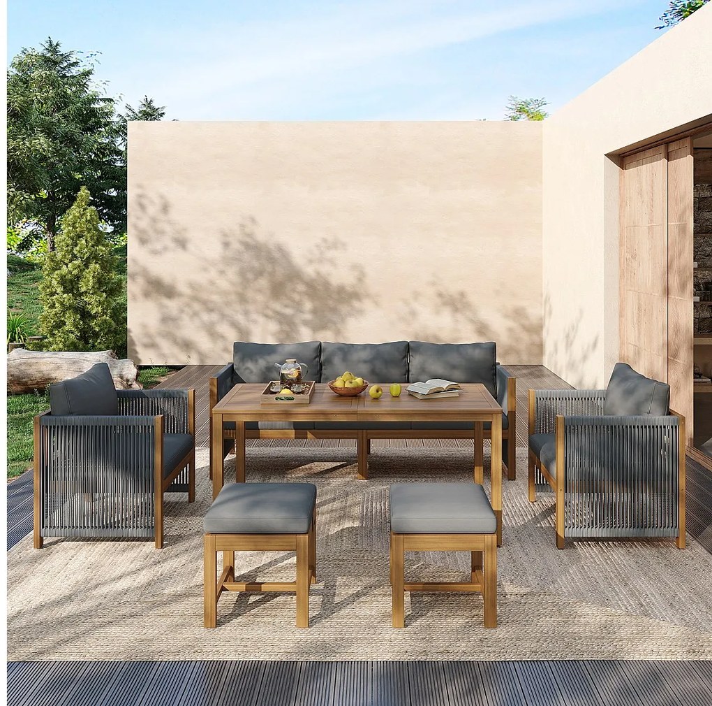 Zestaw mebli ogrodowych modułowy ocynkowany stalowy dla 7 osób - sofa 3-osobowa i 2 sofy pojedyncze + stolik kawowy i 2 hokery - szary