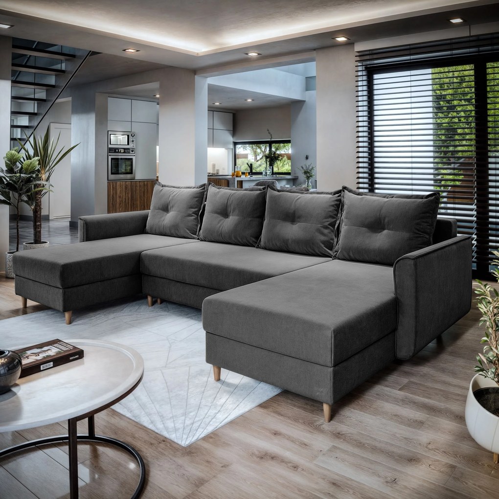 Masseno Narożnik VERNI z funkcją spania i pojemnikiem na pościel Narozniki U, Rozkładana sofa - Szary, PAROS 06