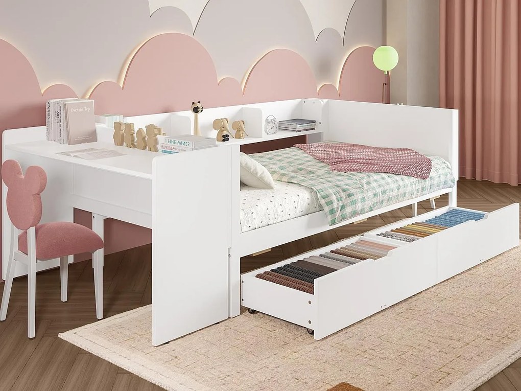 Łóżko proste dla dziecka 90x200 cm - z biurkiem - z 2 szufladami - z półkami - drewno lite - białe (bez materaca)
