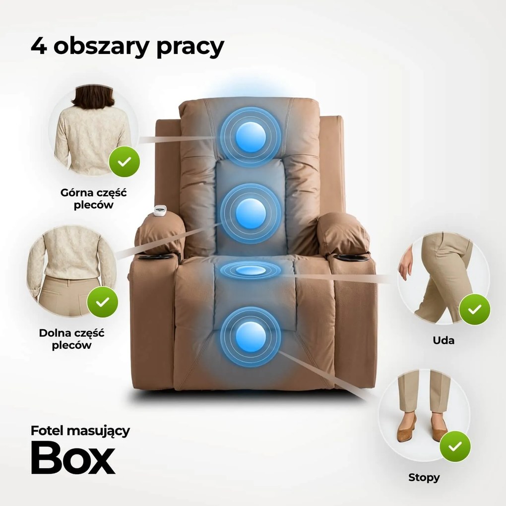Fotel Masujący BOX Rozkładany z Podnóżkiem Karmelowy Ekoskóra Nowoczesny