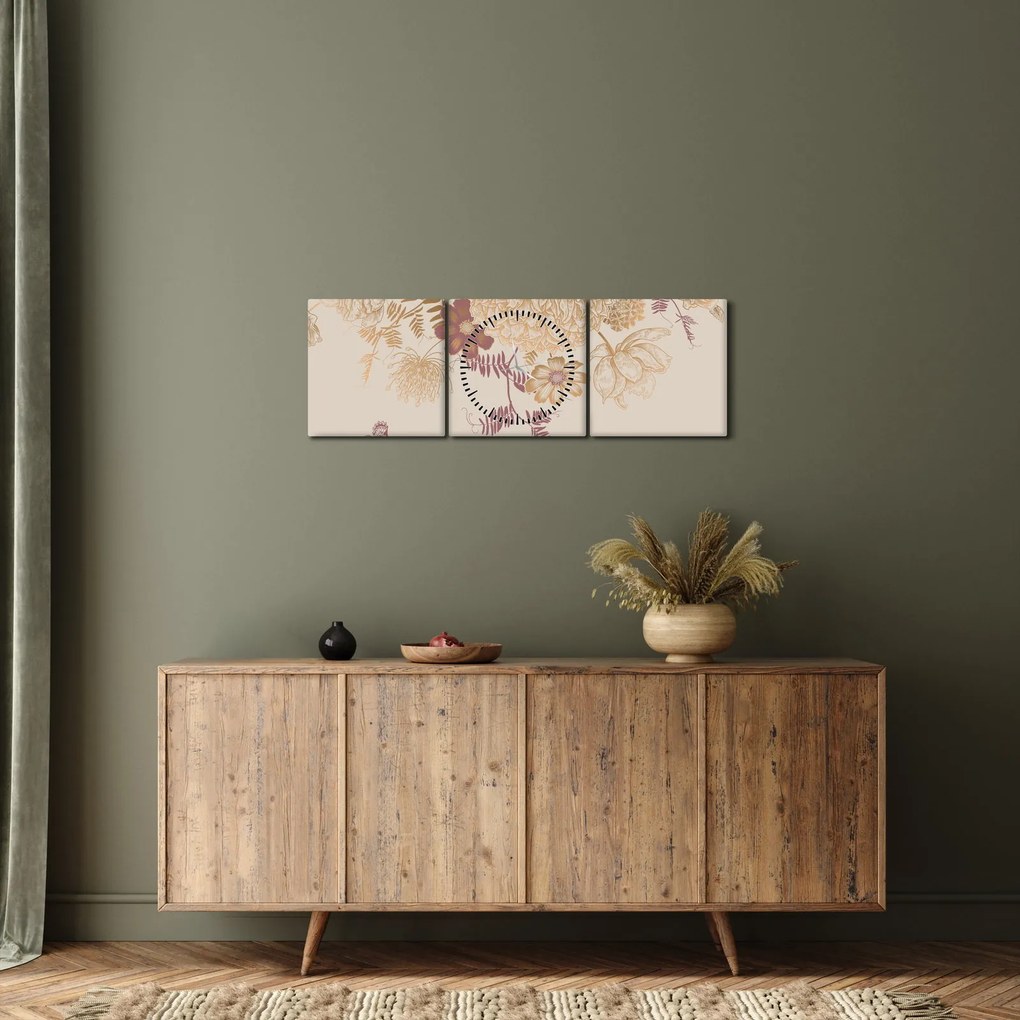 Obraz - Vintage kwiaty i motyle (z zegarem) (90x30 cm)