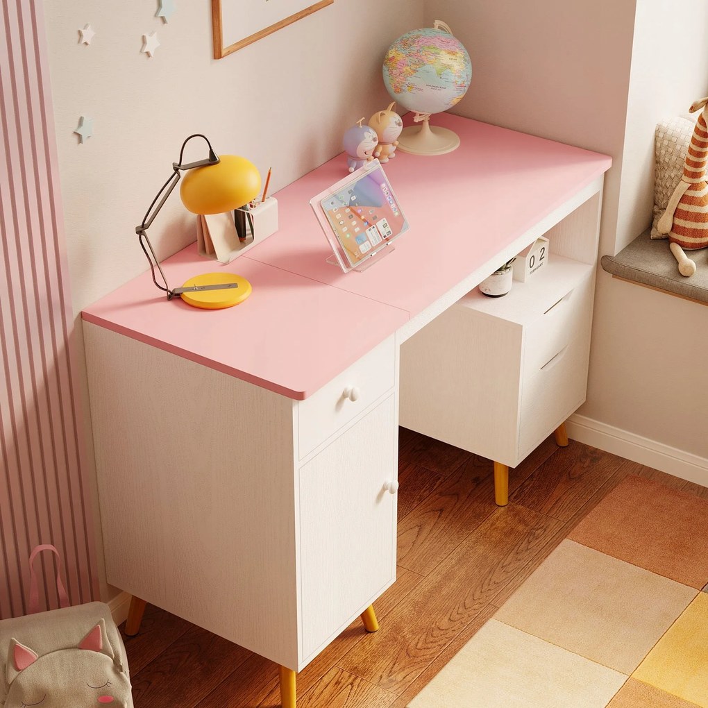 Biurko dziecięce dla dziewczynki – biało-różowe na drewnianych nóżkach