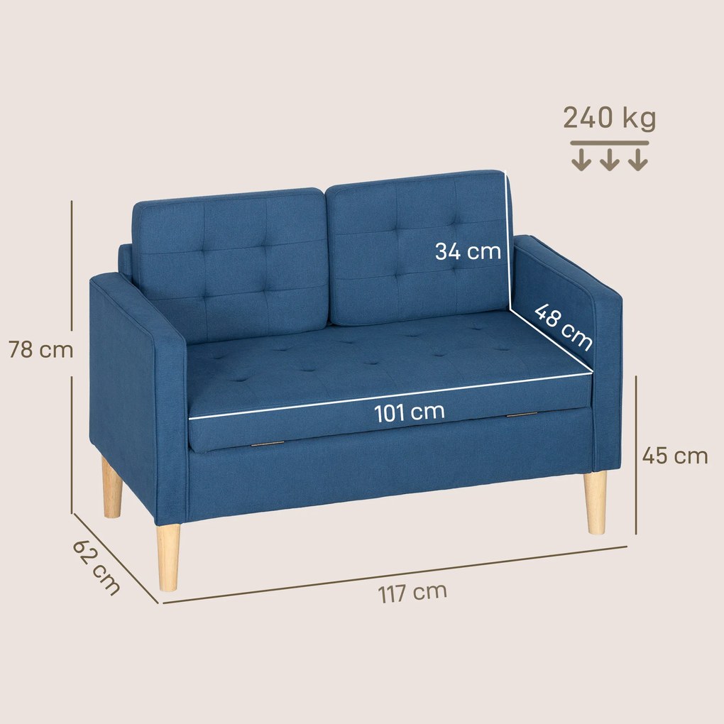 HOMCOM Sofa dwuosobowa z schowkiem, pikowane oparcie, nogi z drewna kauczukowego — 117x62x78 cm, niebieska