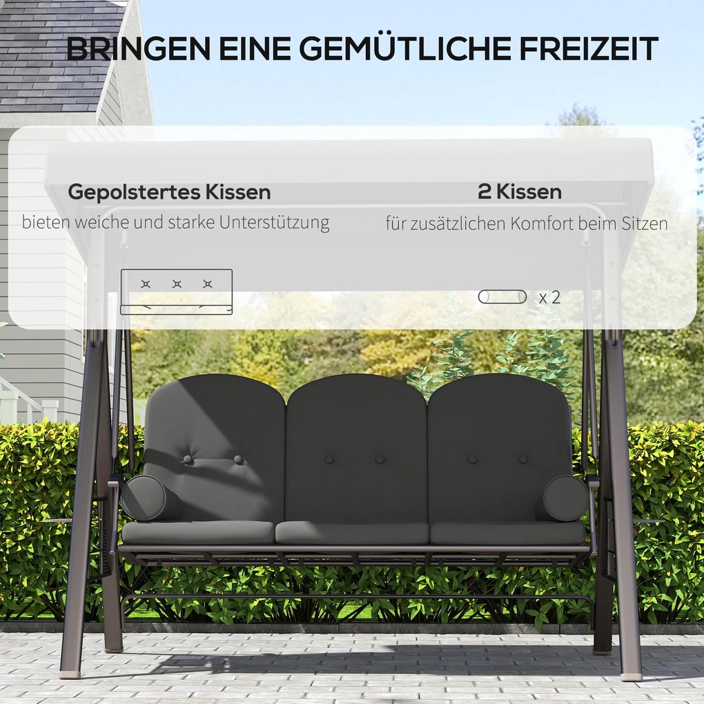 Outsunny Huśtawka Hollywood 3-osobowa huśtawka ogrodowa z daszkiem, półką, poduszką do 360kg Ciemnoszary | Aosom PL