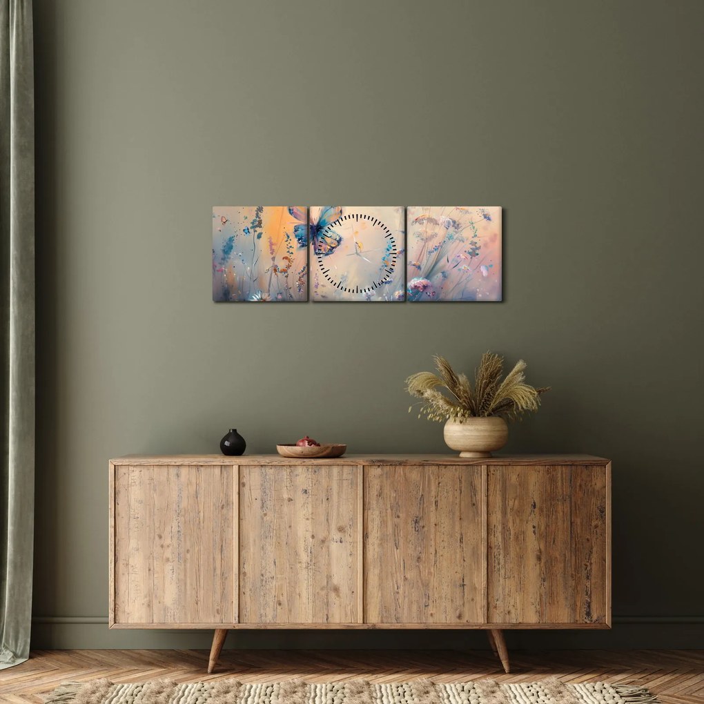 Obraz - Łąka z motylem II (z zegarem) (90x30 cm)