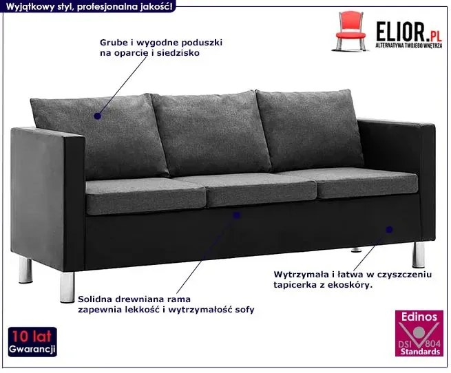 Atrakcyjna 3-osobowa sofa Karlo 3Q - czarno-jasnoszara