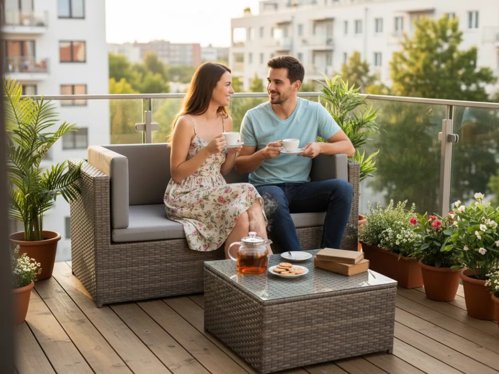 Mały zestaw na taras z tehnorattanu (sofa+stolik) TINTO szary