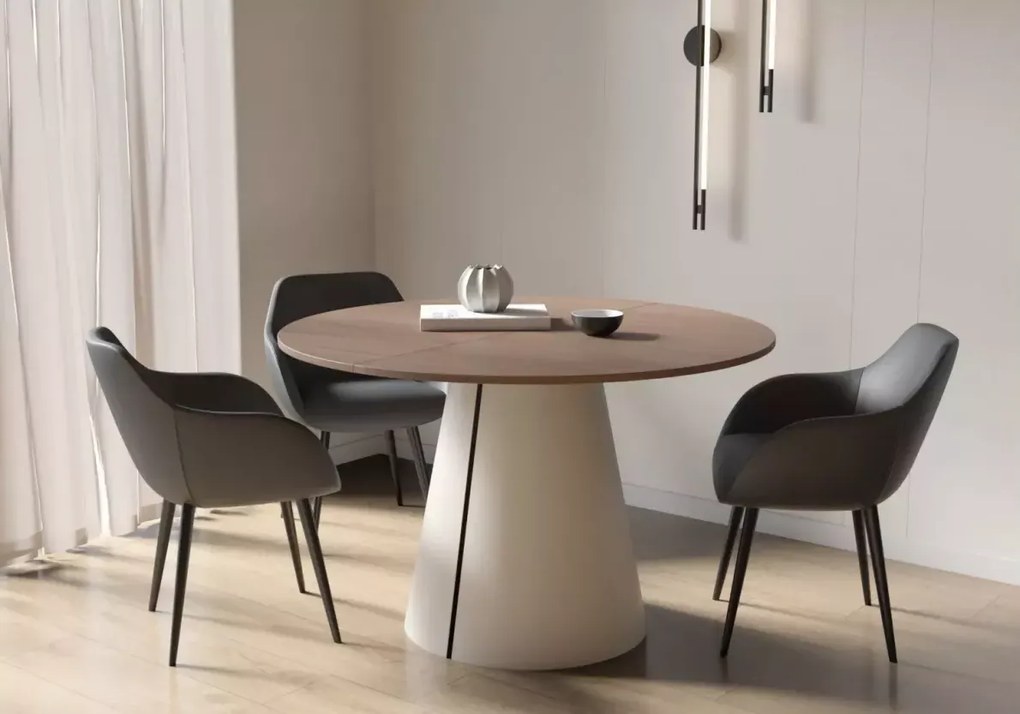 Rivio – elegancki okrągły stół do jadalni rozkładany, nowoczesny stół na metalowej podstawie z blatem laminowanym do salonu