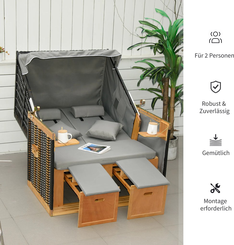 Outsunny kosz plażowy z dachem imitacja rattanu stół składany kolor jasnoszary, 118 x 79 x 150 cm