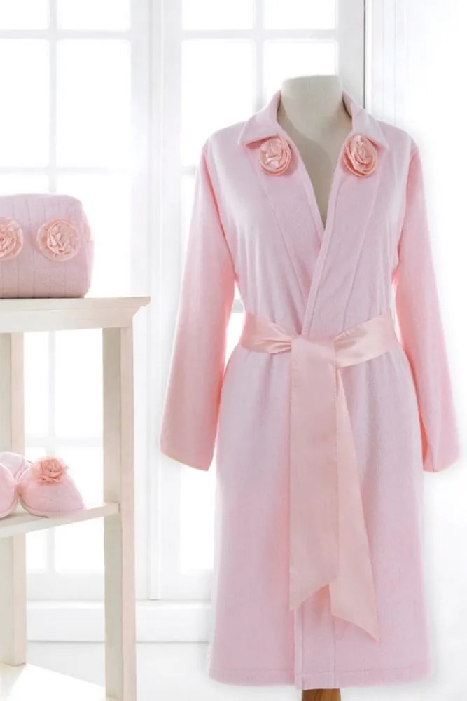 Damski bambusowy szlafrok ROSE + kapcie S Różowy