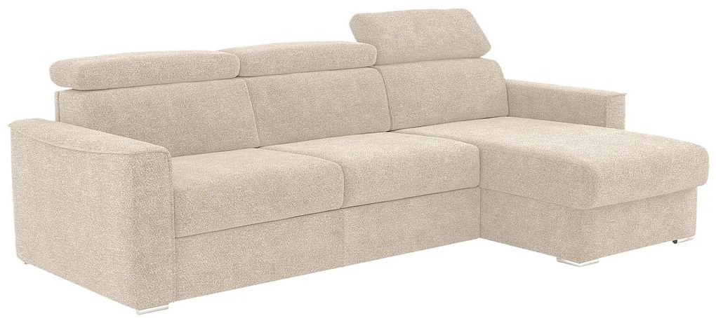 Kanapa narożna dwustronna rozkładana w tkaninie typu szenil w beżowym kolorze – Powierzchnia spania z szerokimi listwami 140 cm – Materac 22 cm z pianki memory VIZIR.