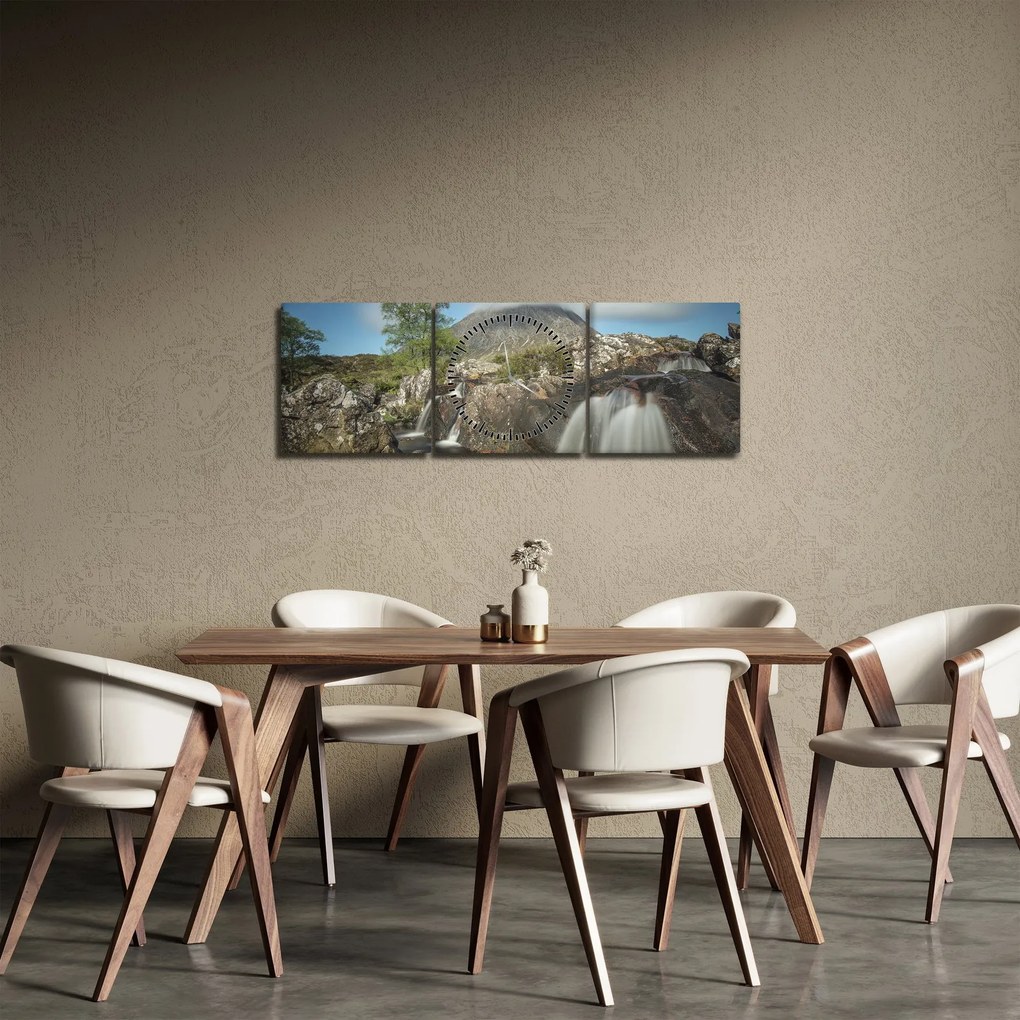 Obraz wodospadów i gór (z zegarem) (90x30 cm)