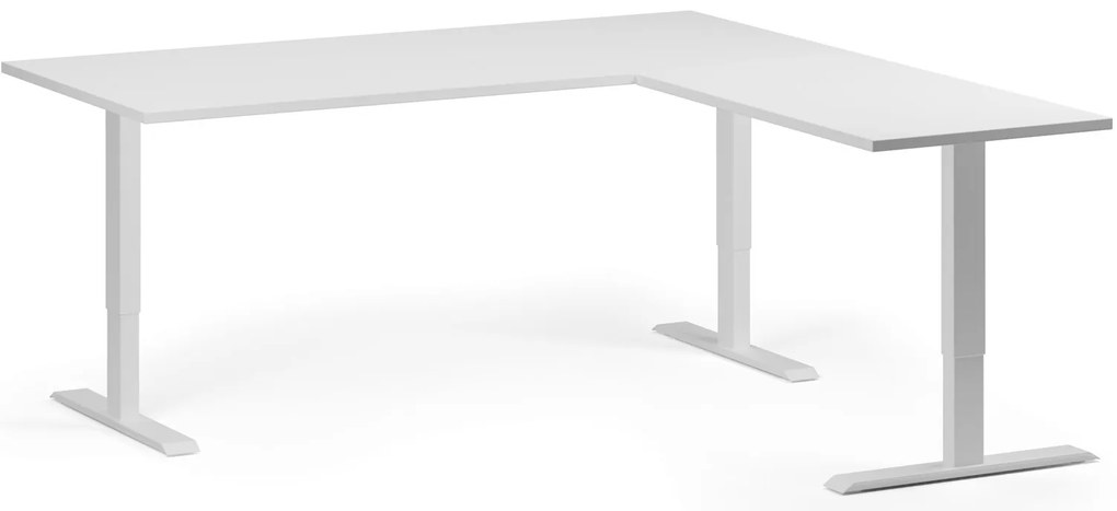 Narożne biurko z regulacją wysokości, 180x180 cm, 3 silniki, L/P, biała podstawa, biały