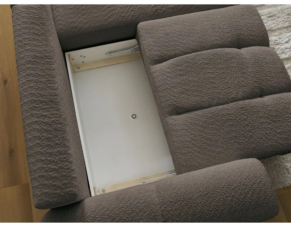 Brązowy rozkładany narożnik z materiału bouclé ze schowkiem (prawostronny/z szezlongiem) Roxelane – Bobochic Paris