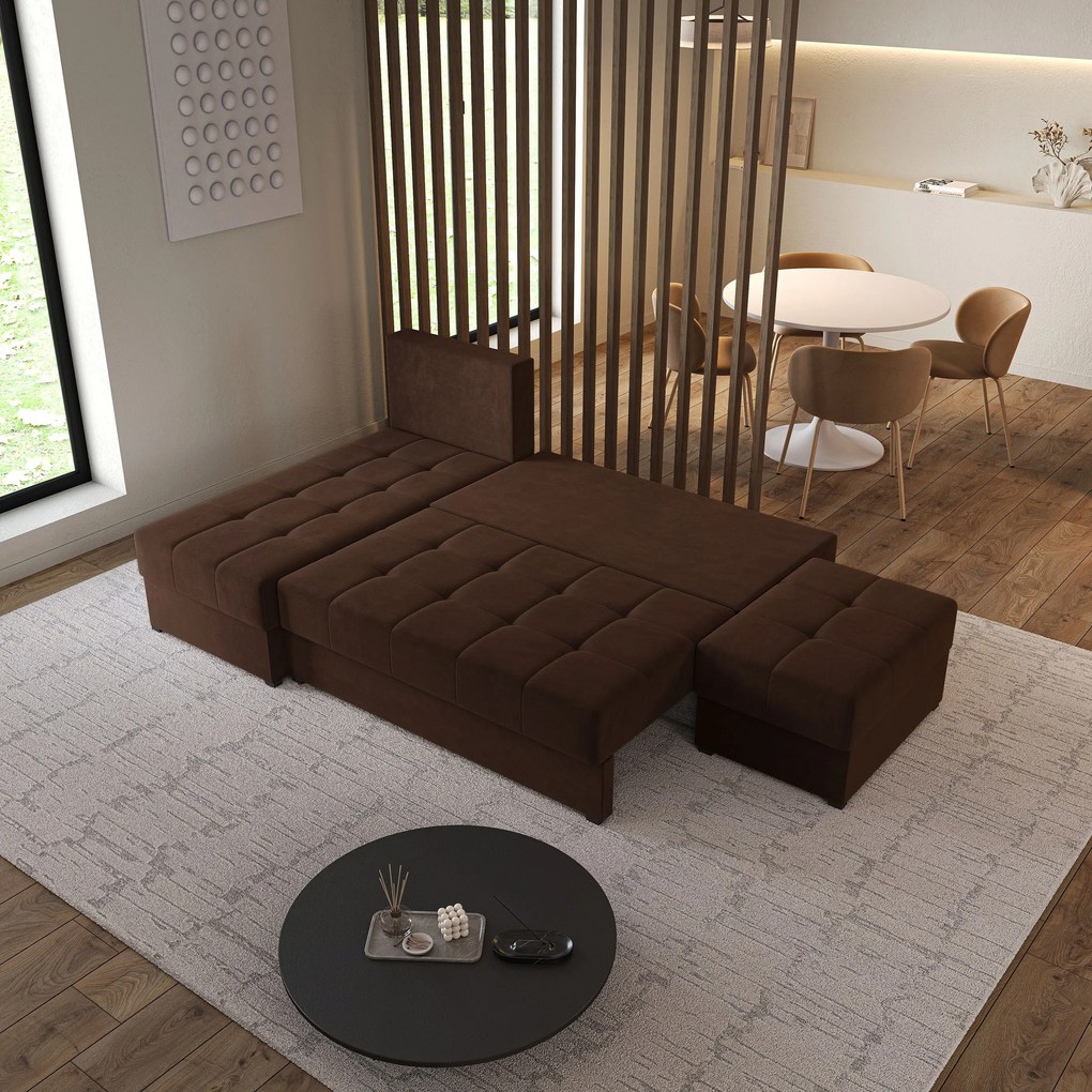 Masseno Narożnik NORVI z funkcją spania i pojemnikiem na pościel Narozniki L, Rozkładana sofa - Brązowy, KRONOS 06