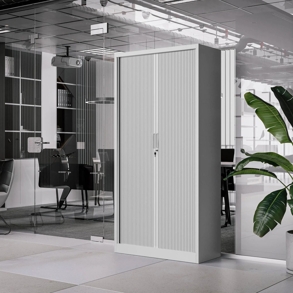 Metalowa szafa biurowa na akta z roletą DAMIAN, 900 x 1850 x 450 mm, szara