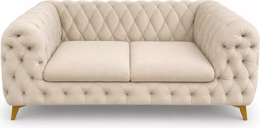 (Wyprzedaż) Sofa wypoczynkowa w tkaninie Amor Velvet 04 ze złotymi nóżkami i dekoracyjnymi przeszyciami, beżowy welur