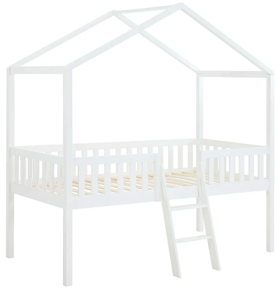 Półwysokie łóżko w formie domku 90 x 190 cm – biała sosna – NALENY