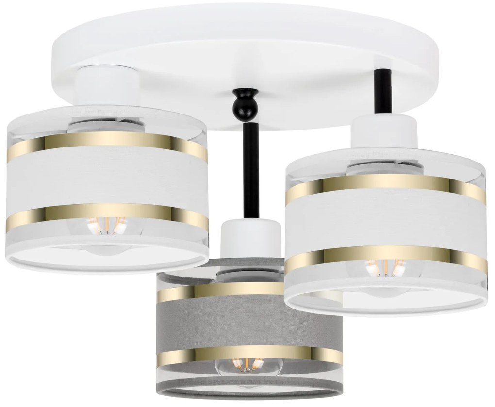 Lampa sufitowa biała trzypunktowa z szaro-białymi abażurami T-3030WE-W