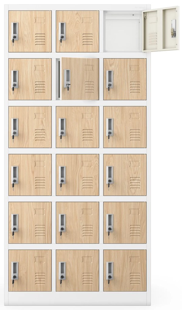 Szafka pracownicza skrytkowa 18-skrytkowa biała/dąb sonoma, 900x1850x400 mm: KAROL Eco Design