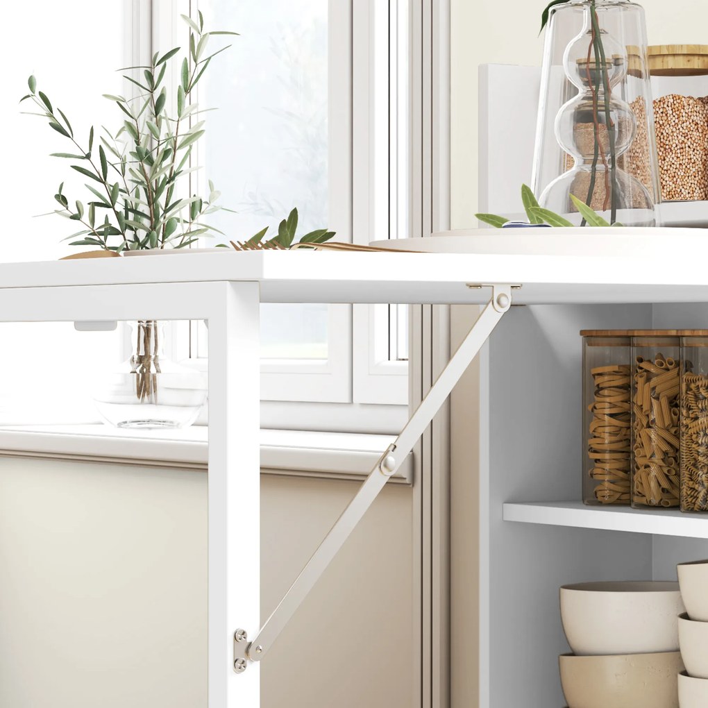 HOMCOM Rozkładany Stół Do Jadalni, Idealny Do Małych Przestrzeni, z 4 Dyskretnymi Półkami, Składany Stół Kuchenny, Funkcja Przeciw Przewrotom, Biały