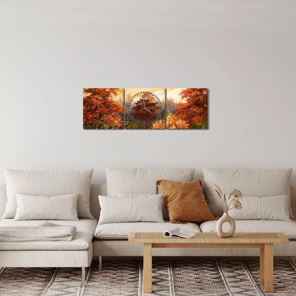 Obraz rzeki w jesiennym krajobrazie, obraz olejny (z zegarem) (90x30 cm)