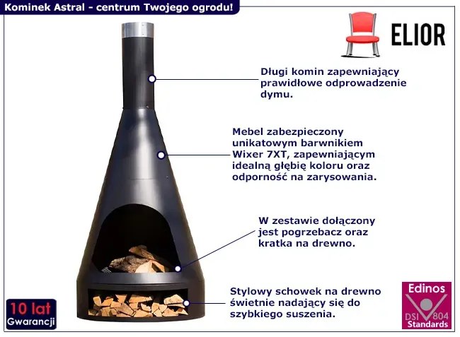 Nowoczesny stalowy kominek ogrodowy ze schowkiem na drewno - Astral 3X