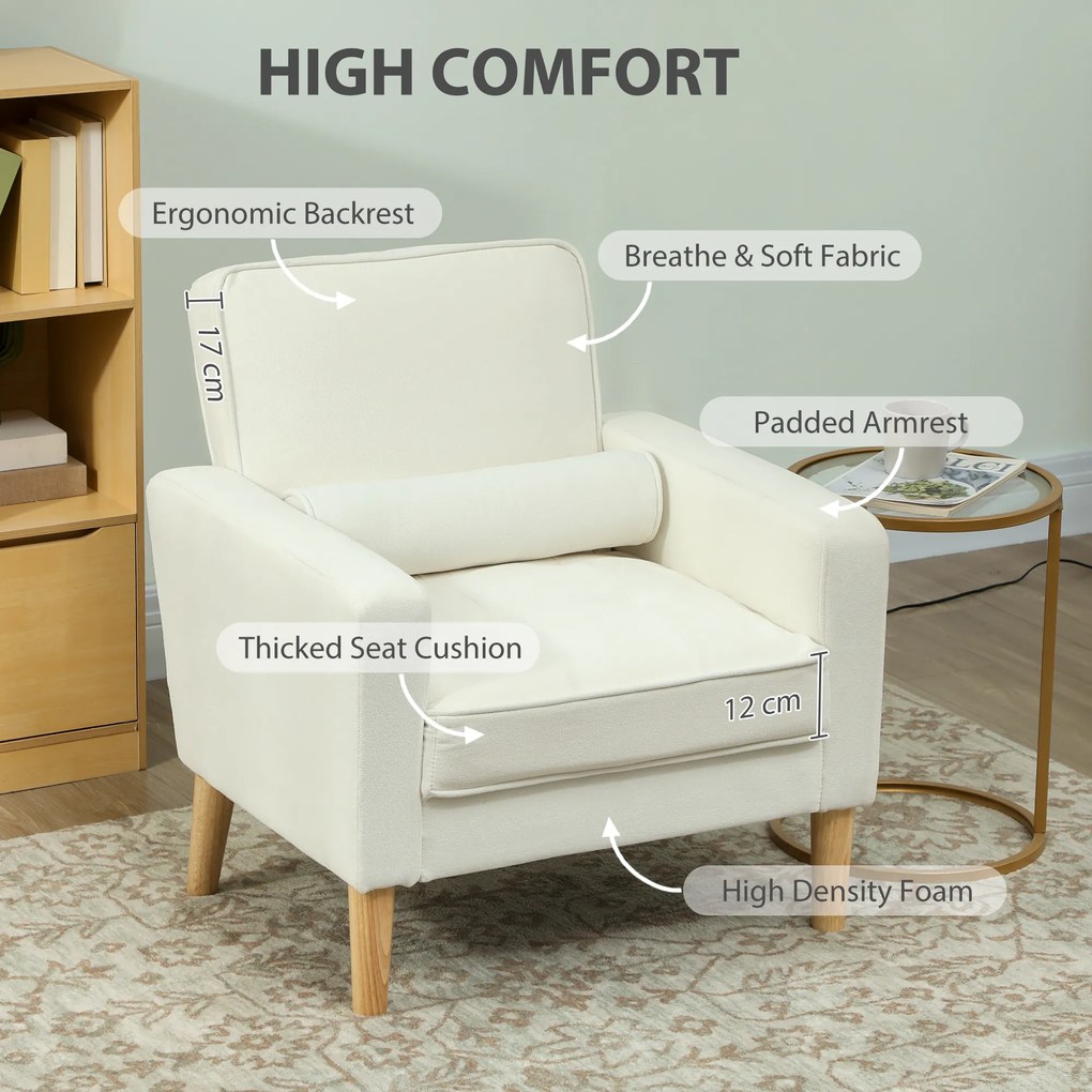 HOMCOM Fotel tapicerowany z podłokietnikami, nachylone oparcie, nogi z drewna kauczukowego, kremowy