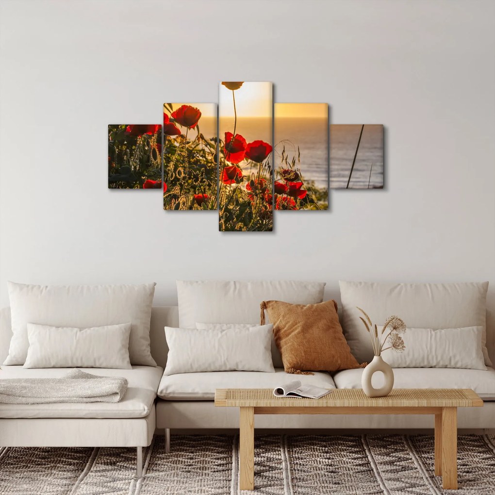 Obraz zachodu słońca z makami (125x70 cm)