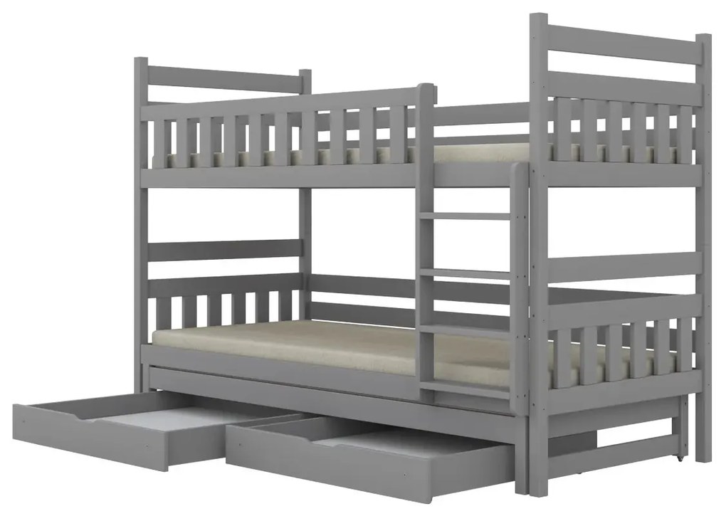 Łóżko piętrowe BARTEK 180x80 szare drewniane trzyosobowe z szufladami KOCOT KIDS