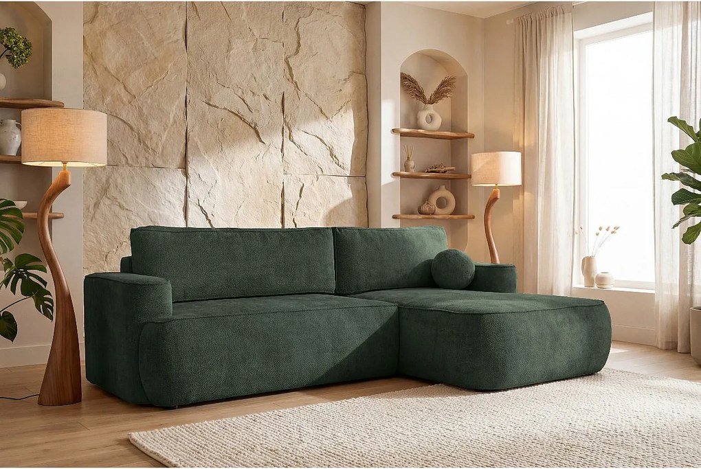 Narożnik Moon do salonu, z funkcją spania, Flow, prawy butelkowa zieleń (19)