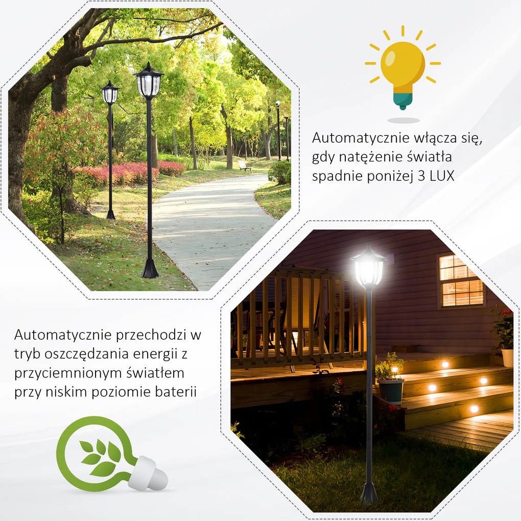Outsunny lampa ogrodowa LED solarna latarnia ogrodowa czarna stal nierdzewna wysoka 30 60 lumenów | Aosom PL