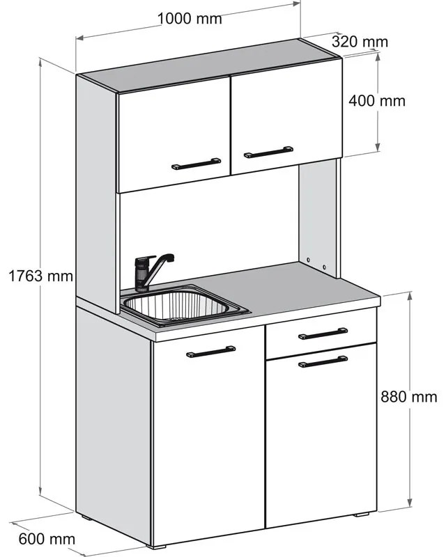 Kuchnia biurowa PRIMO ze zlewem i baterią, 1/2 drzwi, biały/grafit
