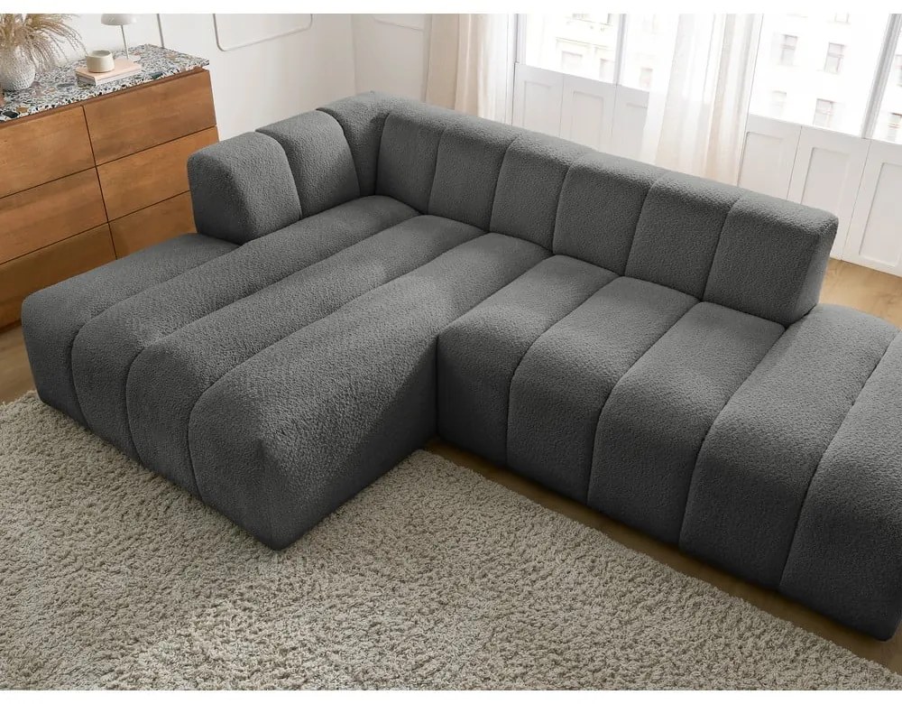 Ciemnoszary narożnik z materiału bouclé (lewostronny/z szezlongiem) Annecy – Bobochic Paris
