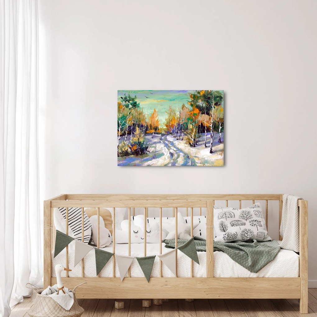 Obraz - Zaśnieżona ścieżka przez las, obraz olejny (70x50 cm)