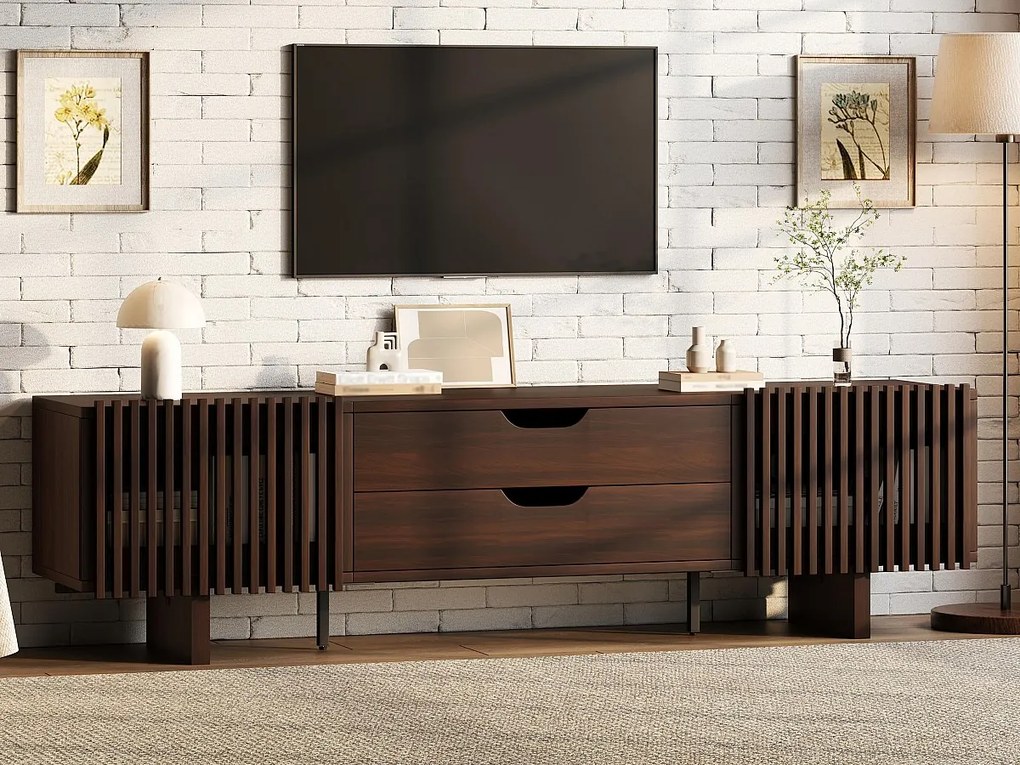 Meble TV 180x40x45 cm - z 2 szufladami i 2 drzwiami żaluzjowymi - MDF - Kolor orzechowy