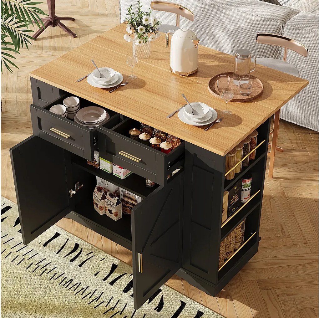 Wyspa kuchenna na kółkach - 120 x 65 x 90 cm - wózek z wysuwanymi elementami - 2 drzwi + 2 szuflady - MDF - czarny