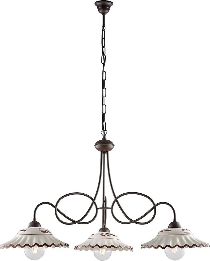 Żyrandol Bistrot z czarnego lakierowanego żelaza, dekor imitujący rdzę, ceramiczne dyfuzory Ø30 cm, ręcznie zdobione białe i brązowe, 3 światła