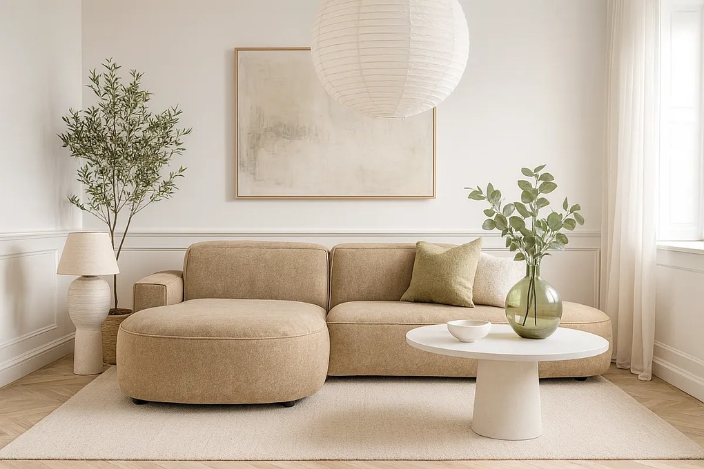 Narożnik modułowy CURSAL G lewostronny 284×166×70 cm – jasno brązowy Raven 34, zaokrąglone leżanki, wolnostojący